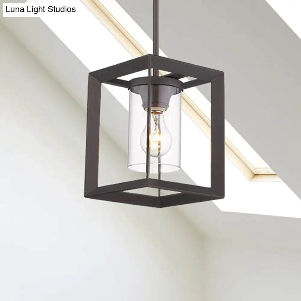 Industrial Black Cylinder Glass Pendant Light - Clear Living Room Ceiling Fixture