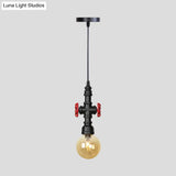 Industrial Black Finish Amber Glass Pendant Lamp With Pipe Suspension - 1-Light Ball/Capsule