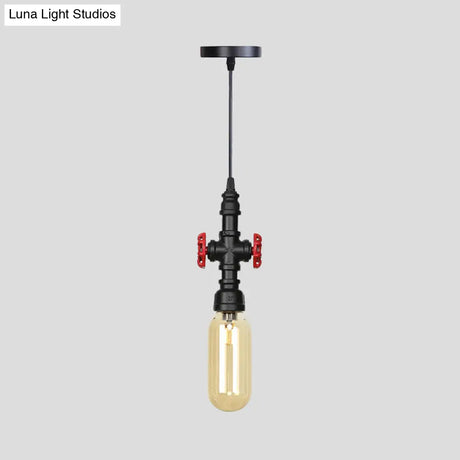 Industrial Black Finish Amber Glass Pendant Lamp With Pipe Suspension - 1-Light Ball/Capsule