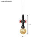 Industrial Black Finish Amber Glass Pendant Lamp With Pipe Suspension - 1-Light Ball/Capsule