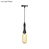 Industrial Black Finish Amber Glass Pendant Lamp With Pipe Suspension - 1-Light Ball/Capsule