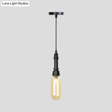 Industrial Black Finish Amber Glass Pendant Lamp With Pipe Suspension - 1-Light Ball/Capsule