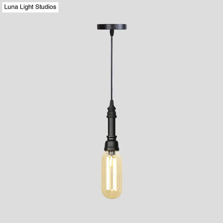 Industrial Black Finish Amber Glass Pendant Lamp With Pipe Suspension - 1-Light Ball/Capsule