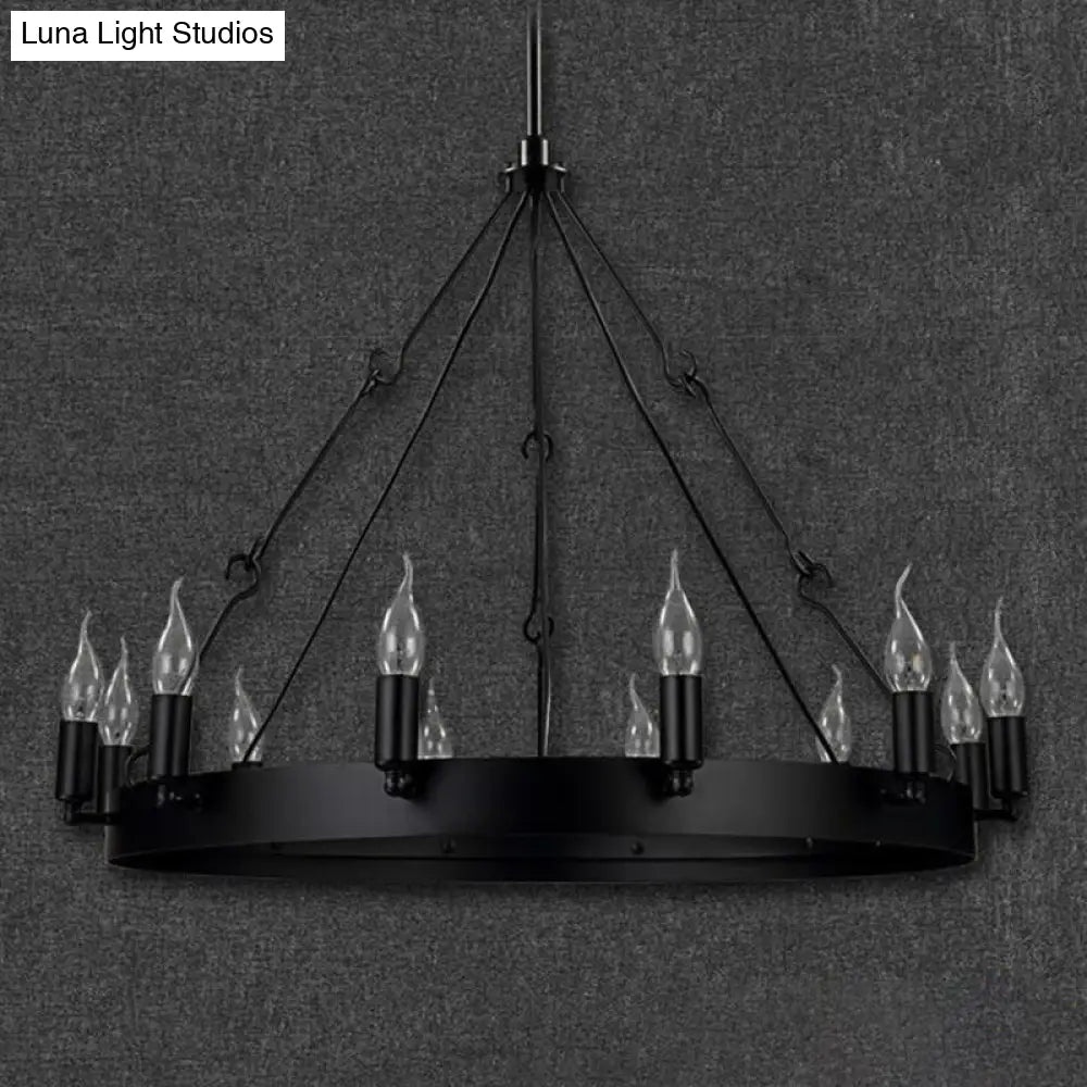 Industrial Black Iron Circle Chandelier With 12/18 Lights Bare Bulb Design - Hanging Lamp Kit