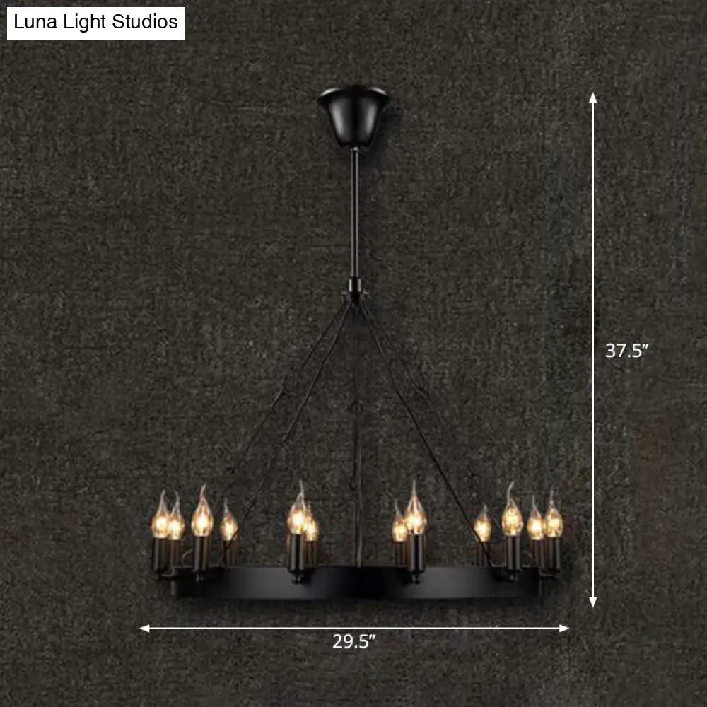 Industrial Black Iron Circle Chandelier With 12/18 Lights Bare Bulb Design - Hanging Lamp Kit