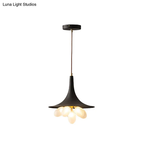 Industrial Black Iron Pendant Chandelier With Wide Flared Shade – Grapes Frosted Glass Dining