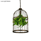 Industrial Black Iron Pendulum Birdcage Lamp With Artificial Plant - Single-Bulb Hanging Light