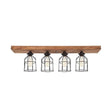 Industrial Black Iron Semi Flush Ceiling Light Fixture With Wire Cage And Wooden Canopy - 4 Bulbs