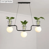 Industrial Black Island Light Fixture With Opal Glass Globe Pendant And Clear Pot - 3-Bulb