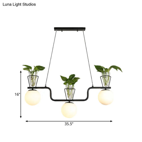Industrial Black Pendant Lamp With Opal Glass Globe And Clear Pot 3-Bulb Island Light Fixture