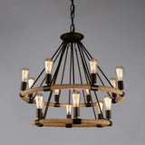 Industrial Black Metal Chandelier With Rope Suspension For Dining Room Table 14 /