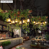 Industrial Black Metal Lantern Island Light - 8-Lights Hanging Lamp With Plant Decoration