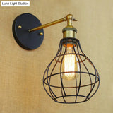 Industrial Black Metal Mini Wall Light Fixture For Bedroom - Cylinder/Teardrop Caged Mount Lighting