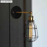 Industrial Black Metal Mini Wall Light Fixture For Bedroom - Cylinder/Teardrop Caged Mount Lighting