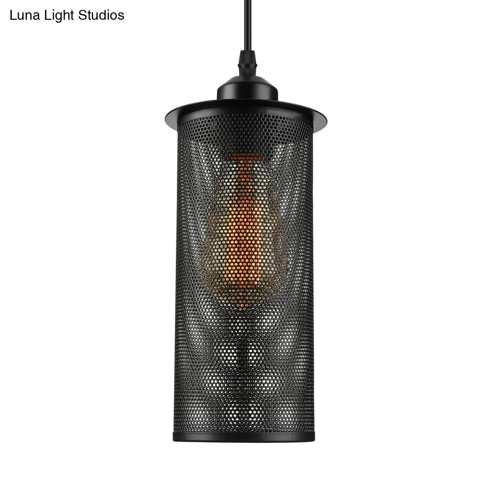 Industrial Black Metal Pendant Light With Mesh Screen - Living Room Hanging Lamp