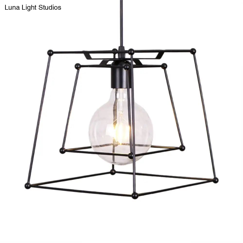 Industrial Black Metal Pendant Light With Trapezoid Cage Shade - Living Room Hanging Lamp
