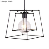 Industrial Black Metal Pendant Light With Trapezoid Cage Shade - Living Room Hanging Lamp