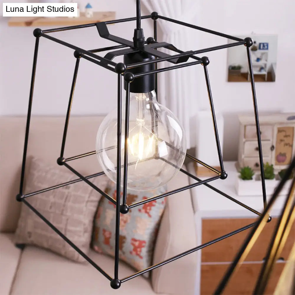 Industrial Black Metal Pendant Light With Trapezoid Cage Shade - Living Room Hanging Lamp