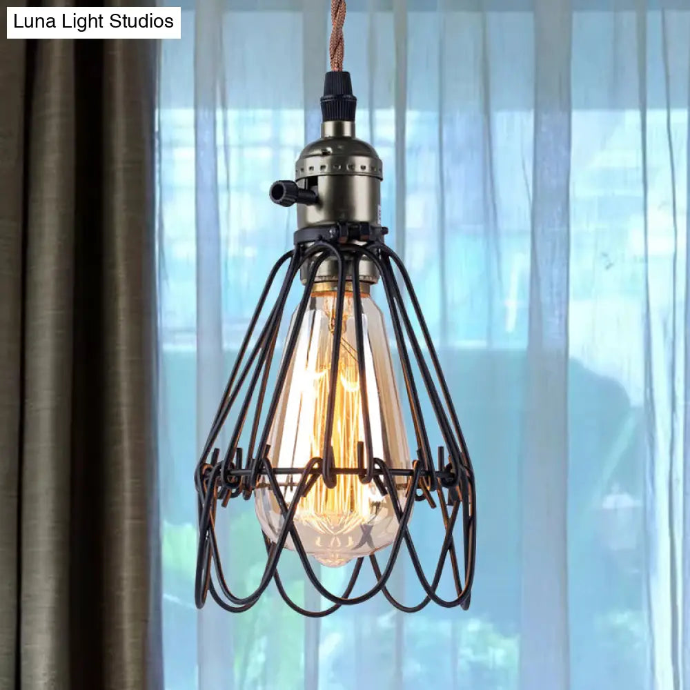 Industrial Black Metal Pendant Lighting With Open Cage Design - Rustic 1 Bulb Hanging Light For