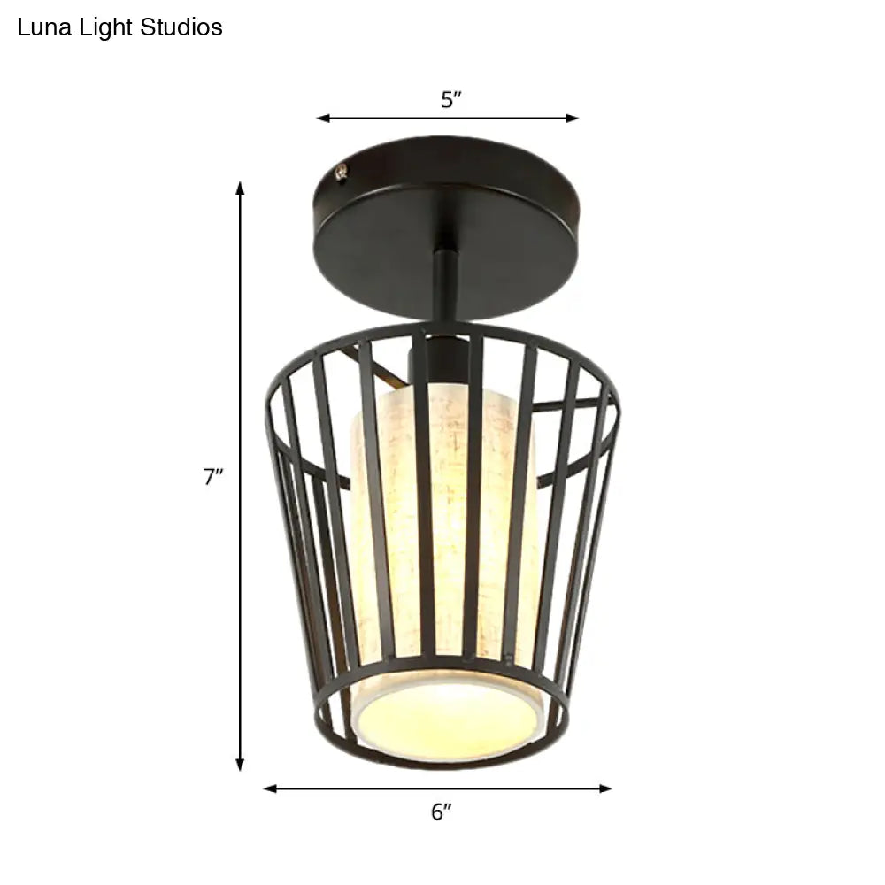 Industrial Black Metal Semi Flush Light With Fabric Shade - Perfect For Hallways And Corridors