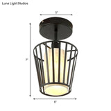 Industrial Black Metal Semi Flush Light With Fabric Shade - Perfect For Hallways And Corridors