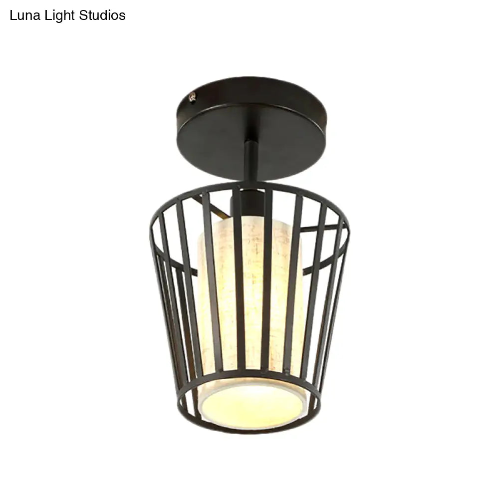 Industrial Black Metal Semi Flush Light With Fabric Shade - Perfect For Hallways And Corridors