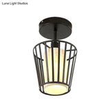 Industrial Black Metal Semi Flush Light With Fabric Shade - Perfect For Hallways And Corridors