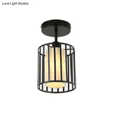 Industrial Black Metal Semi Flush Light With Fabric Shade - Perfect For Hallways And Corridors