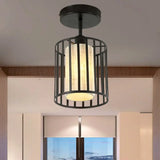 Industrial Black Metal Semi Flush Light With Fabric Shade - Perfect For Hallways And Corridors /