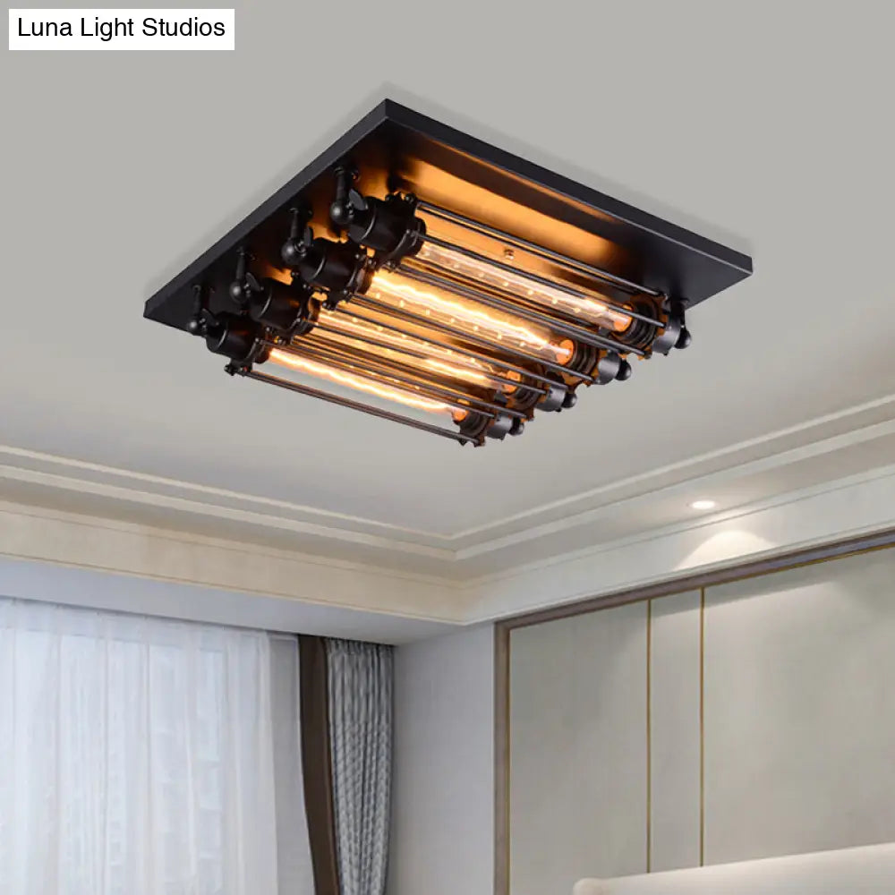 Industrial Black Square Ceiling Flush Mount Lamp With Clear Glass Tube - Perfect For Corridors 4 -