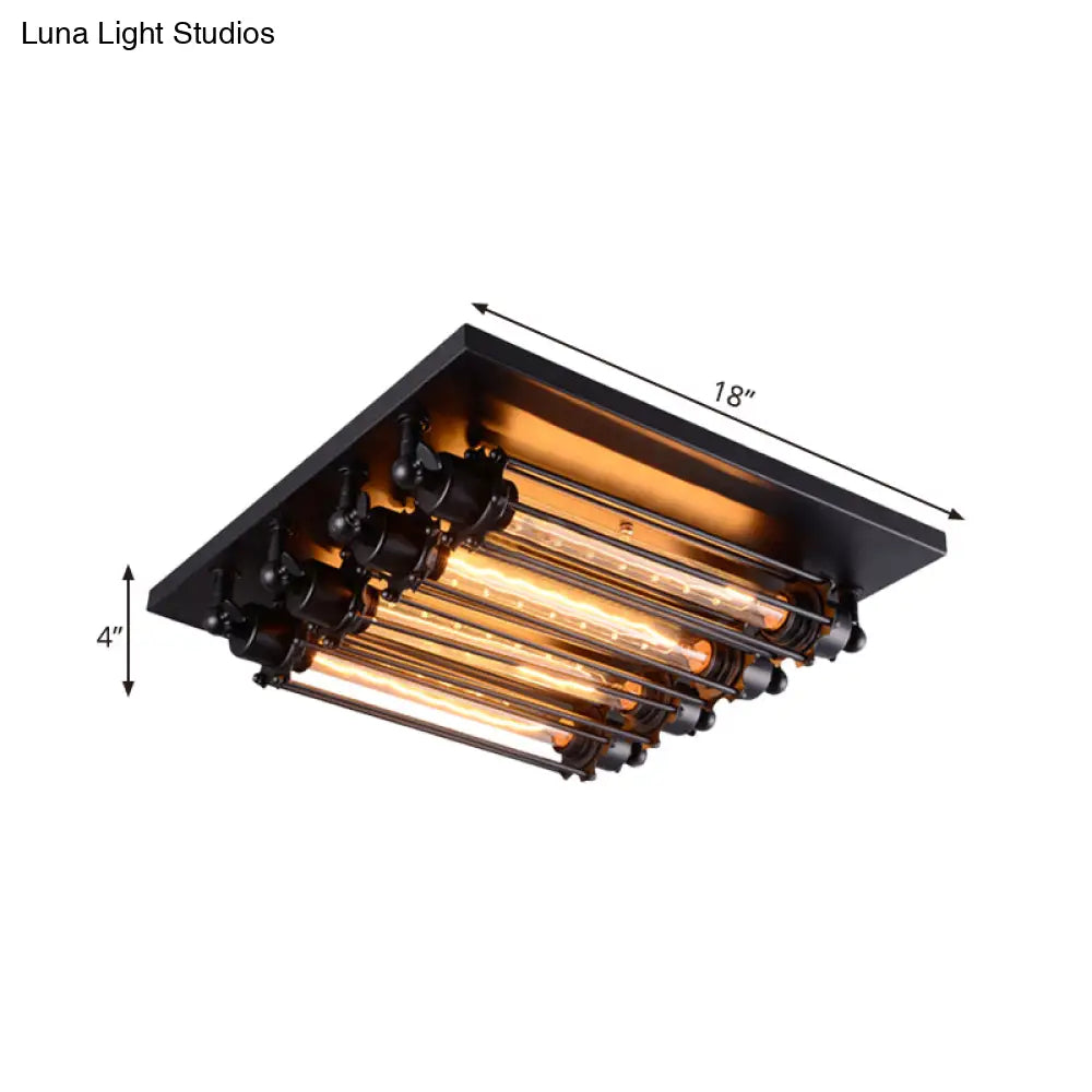 Industrial Black Square Ceiling Flush Mount Lamp With Clear Glass Tube - Perfect For Corridors 4 -