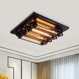 Industrial Black Square Ceiling Flush Mount Lamp With Clear Glass Tube - Perfect For Corridors 4 -