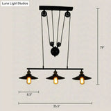 Industrial Black Wide Flare Pulley Pendant Light For Restaurant - 3 Bulb Hanging Island Fixture