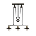 Industrial Black Wide Flare Pulley Pendant Light For Restaurant - 3 Bulb Hanging Island Fixture