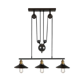 Industrial Black Wide Flare Pulley Pendant Light For Restaurant - 3 Bulb Hanging Island Fixture