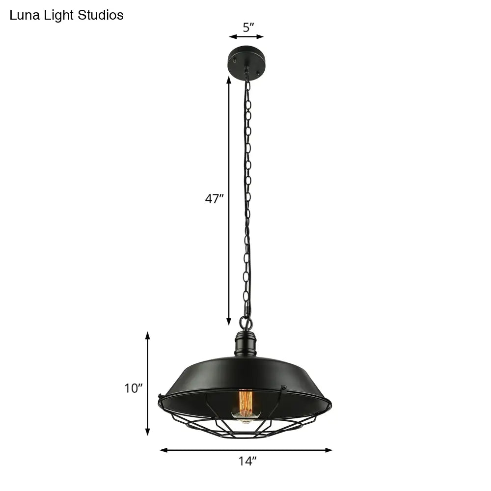 Industrial Black Wire Cage Pendant With Barn Shade - Ceiling Or Dining Table Hanging Fixture