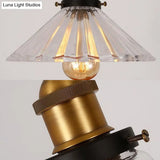 Industrial Brass Pendant Lighting With Flared Ribbed Clear Glass - 3-Light Hanging