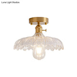 Industrial Brass Semi Flush Ceiling Light With Dome/Barn/Flower Shade - Amber/Clear Textured Glass
