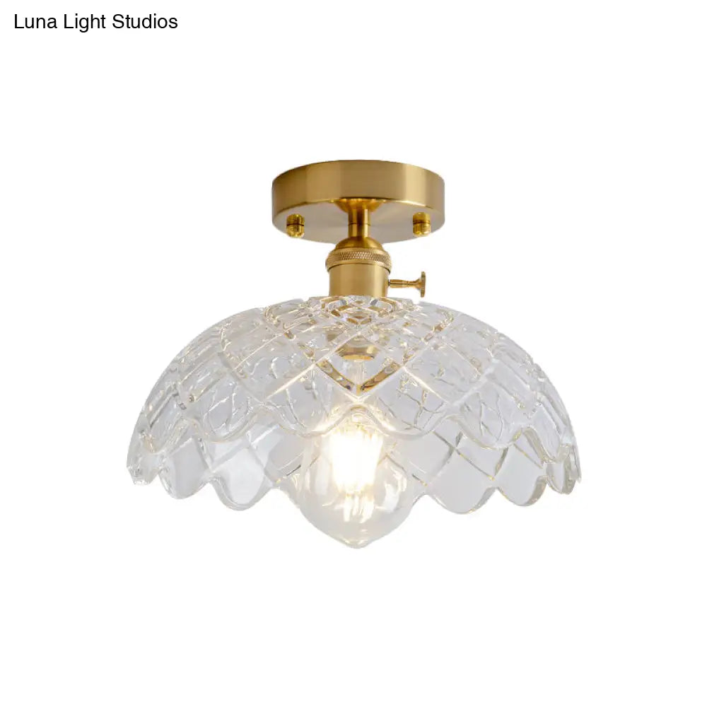 Industrial Brass Semi Flush Ceiling Light With Dome/Barn/Flower Shade - Amber/Clear Textured Glass