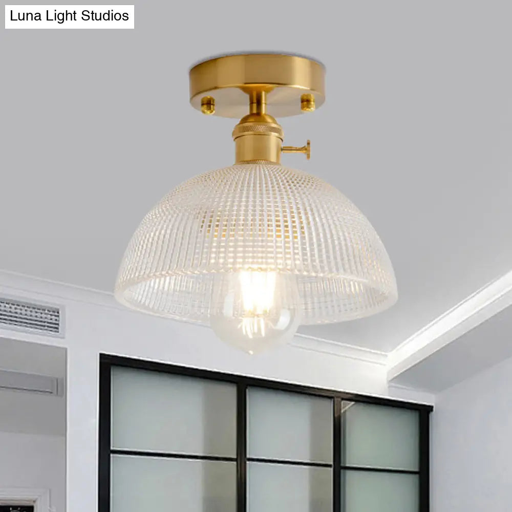 Industrial Brass Semi Flush Ceiling Light With Dome/Barn/Flower Shade - Amber/Clear Textured Glass