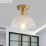 Industrial Brass Semi Flush Ceiling Light With Dome/Barn/Flower Shade - Amber/Clear Textured Glass