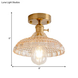 Industrial Brass Semi Flush Ceiling Light With Dome/Barn/Flower Shade - Amber/Clear Textured Glass