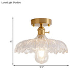 Industrial Brass Semi Flush Ceiling Light With Dome/Barn/Flower Shade - Amber/Clear Textured Glass