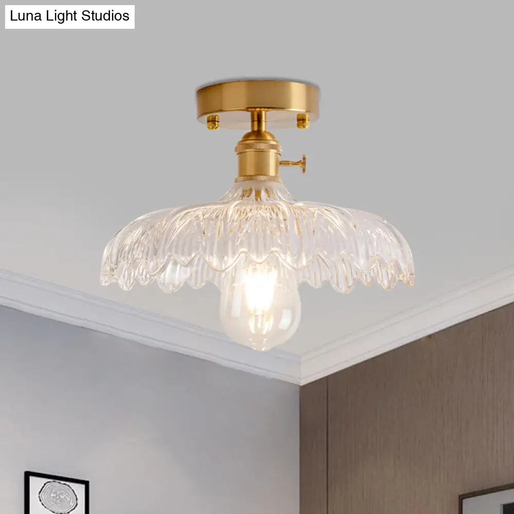 Industrial Brass Semi Flush Ceiling Light With Dome/Barn/Flower Shade - Amber/Clear Textured Glass