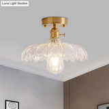 Industrial Brass Semi Flush Ceiling Light With Dome/Barn/Flower Shade - Amber/Clear Textured Glass