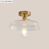 Industrial Brass Semi Flush Ceiling Light With Dome/Barn/Flower Shade - Amber/Clear Textured Glass