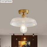 Industrial Brass Semi Flush Ceiling Light With Dome/Barn/Flower Shade - Amber/Clear Textured Glass