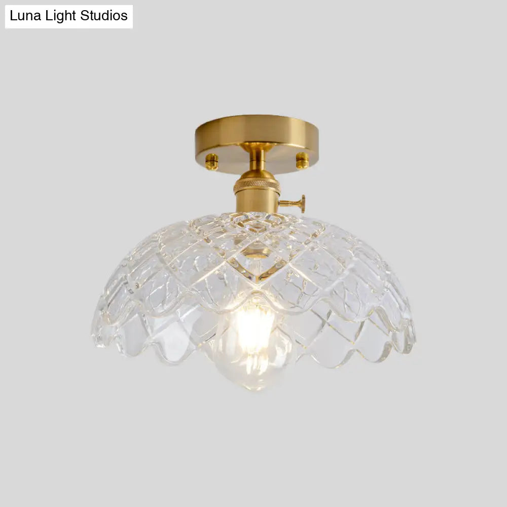 Industrial Brass Semi Flush Ceiling Light With Dome/Barn/Flower Shade - Amber/Clear Textured Glass