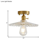 Industrial Brass Semi Flush Ceiling Light With Dome/Barn/Flower Shade - Amber/Clear Textured Glass