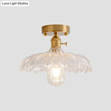 Industrial Brass Semi Flush Ceiling Light With Dome/Barn/Flower Shade - Amber/Clear Textured Glass